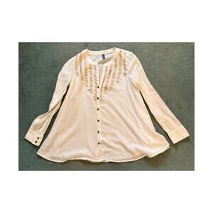 Free People Top Womens Size Small White Cotton Long Sleeve Roll Tab Boho Buttons